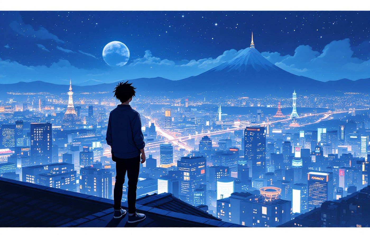 Anime-style rooftop scene over a glowing city at night