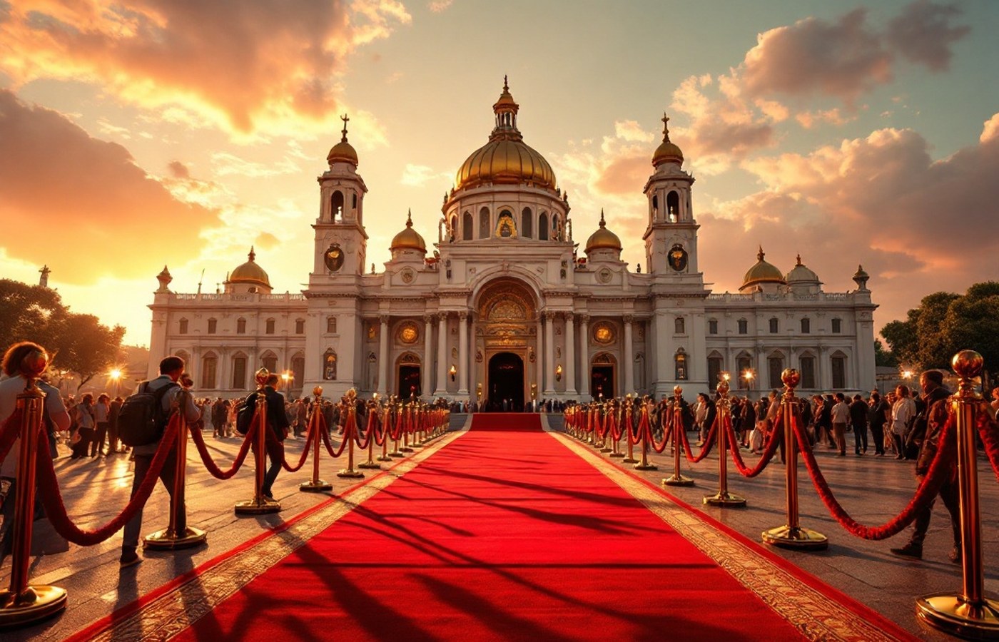 A festival red carpet at golden hour