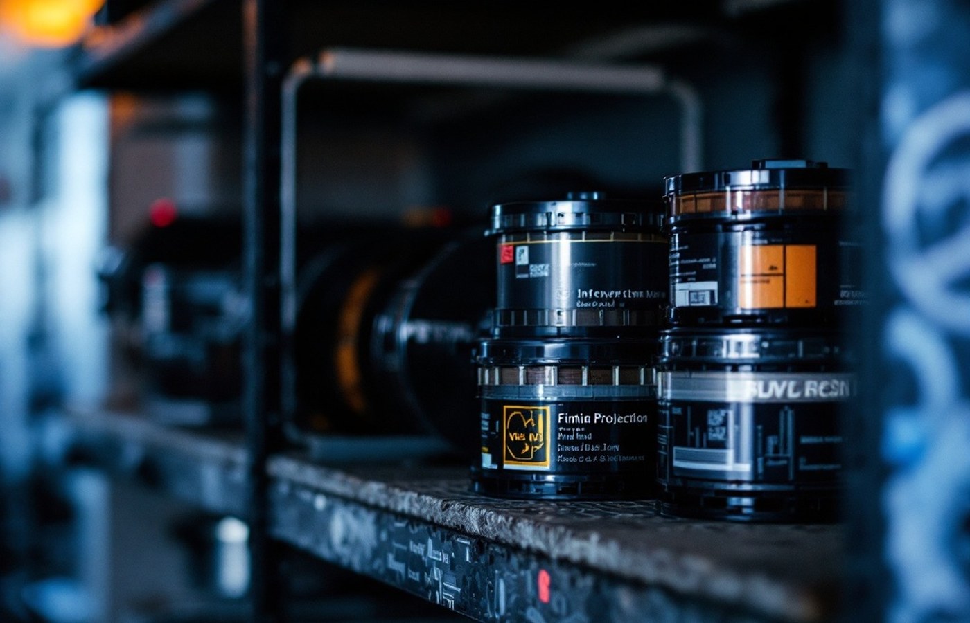Film reels stacked in a projection room
