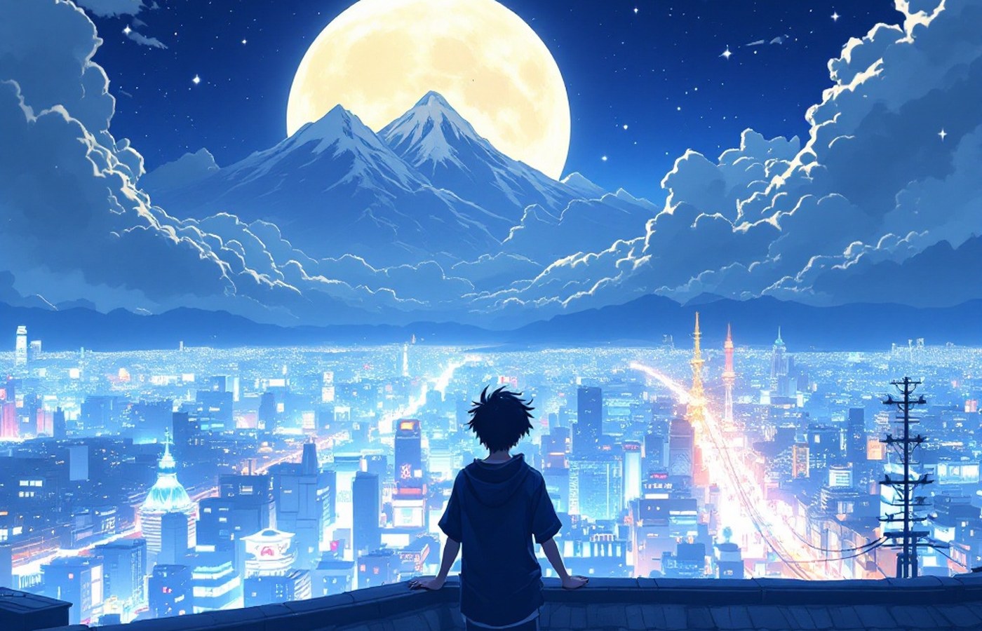 Anime-style rooftop scene over a glowing city at night