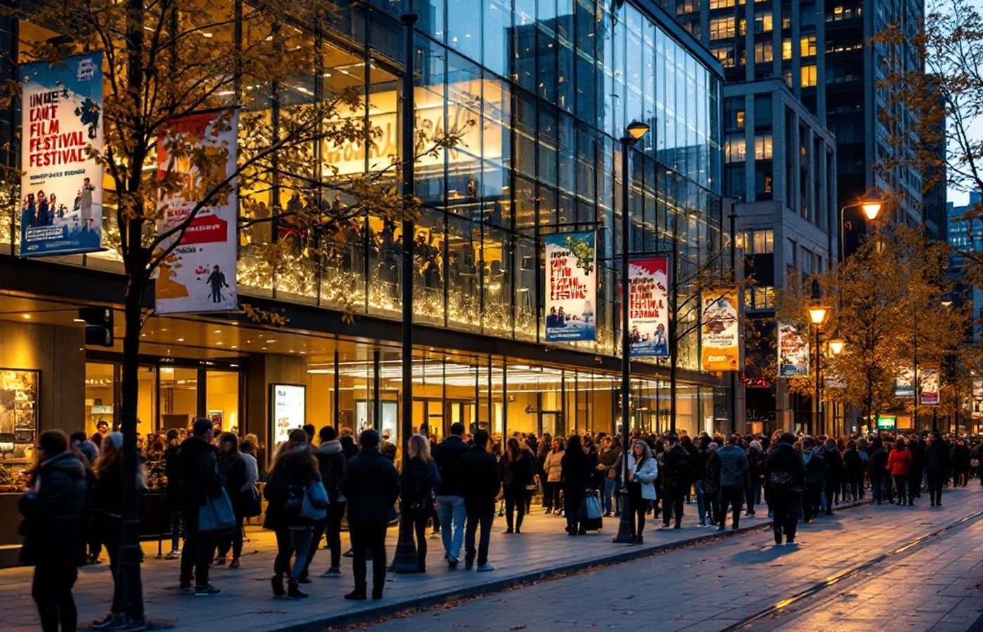 Festival crowds outside a modern cinema complex in Toronto
