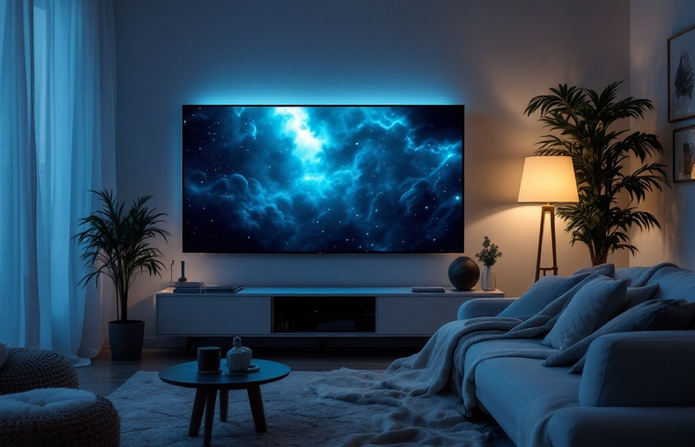 A dim living room lit by a glowing television screen