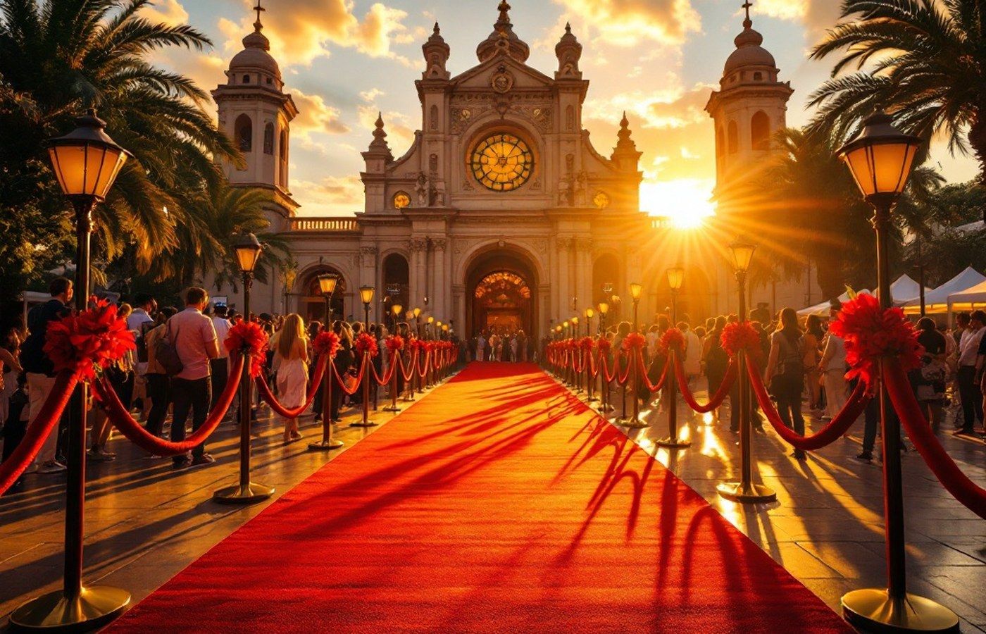 A festival red carpet at golden hour
