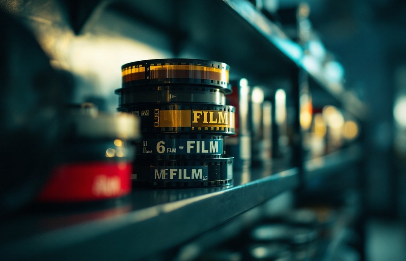 Film reels stacked in a projection room